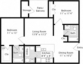 Floor plan for 2 beds, 2 baths, 943 sqft